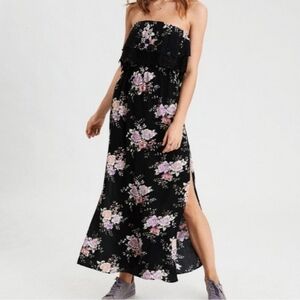 American Eagle Black Pink Floral Off The Shoulder Side Slit Maxi Dress Sz Small